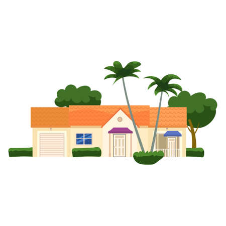 Residential Home Building, tropic trees, palms. House exterior facades front view architecture family cottage house or mansion. Suburban propertyのイラスト素材