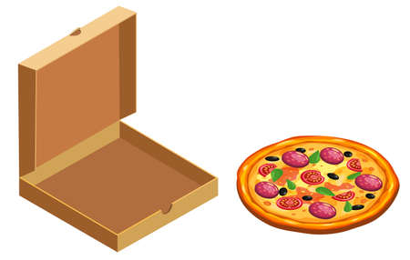 Pizza and box cardboard package open, isometric. Package template, delivery, flat design. Vectorのイラスト素材