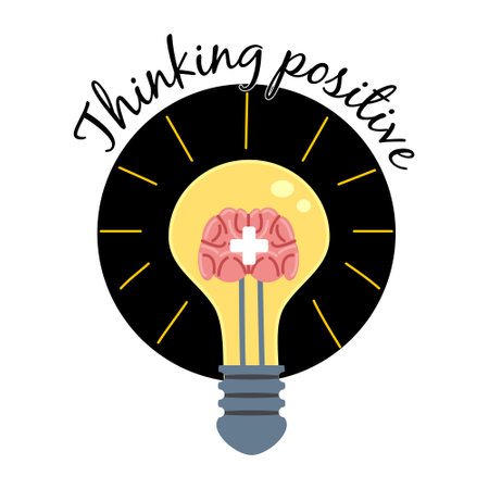 Light bulb with human brain plus symbol . Positive thinking, creative idea, mind, solution concept. Vector illustration cartoon flatのイラスト素材