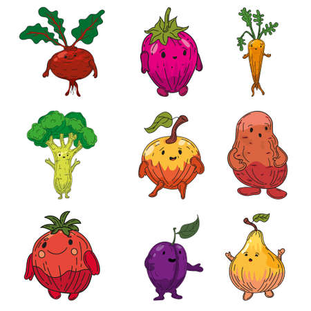 Vegetables set hand drawn sketch characters cartoon. Collection beet root, strawberry, carrot, broccoli, apple, potato, tomato, onion, plum, pearのイラスト素材