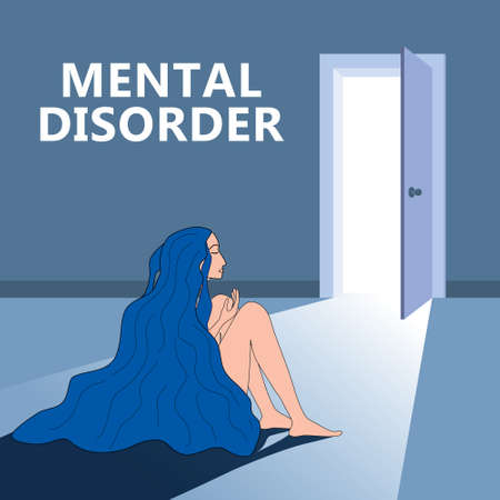 Mental disorder woman sitting hugging knees, open door as a symbol of a way out. Depression, confused, in stressful situation, psychological problem shame. Stress, anxiety, fatigue. Vector illustrationのイラスト素材