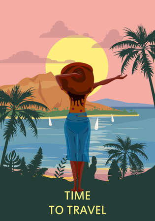 Woman on seaside resort in beachwear red hat enjoying rest. Vacation tropical palms exotic flora, sea, ocean. Vector illustration retro, vintageのイラスト素材