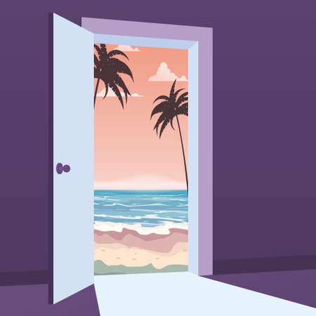 Open Door to nature way. Landscape sea, ocean, island, tropical, palms, symbol freedom, vacation, travel, new way exit, discovery, opportunities. Motivation concept to real world Vector illustrationのイラスト素材