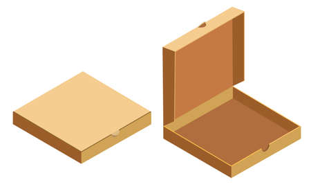 Pizza isometric open, closed cardboard boxes set, delivery. Package template, flat design. Vectorのイラスト素材