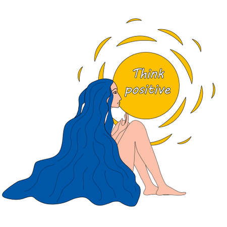 Think Positive Woman sitting thinking about happiness. Psychological help in difficult moments, depression. Girl with blue hair looking at the sun Vector illustration flat cartoon bannerのイラスト素材
