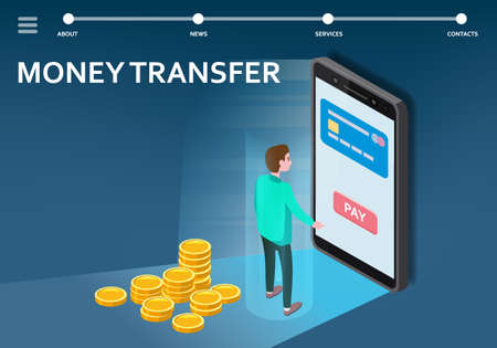Money transfer internet banking isometric. Man smartphone, stacks coins, money transaction technology, mobile payment e-commerce concept. Vector illustrationのイラスト素材