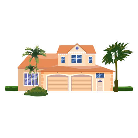 Mansion Residential Home Building, tropic trees, palms. House exterior facades front view architecture family cottage house or apartments, villa. Suburban propertyのイラスト素材