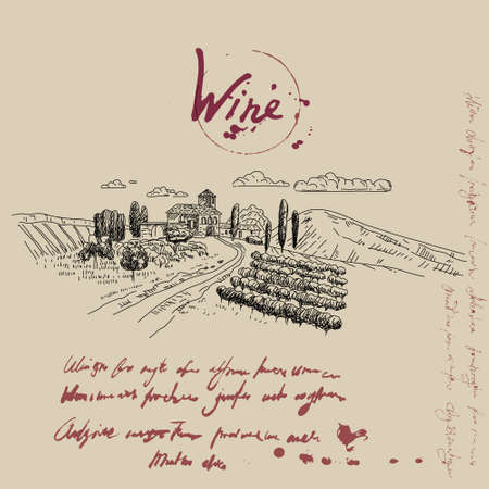 Vineyard landscape hand drawn sketch. Grapes vintage style, unreadable text. Vector illustrationのイラスト素材