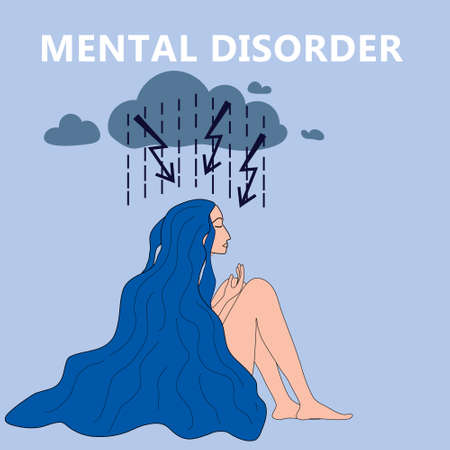 Mental disorder woman sitting hugging knees, lightning cloud . Depression, confused, in stressful situation, psychological problem shame. Stress, anxiety, fatigue. Vector illustration flat cartoonのイラスト素材