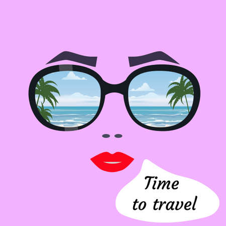Time to travel, woman face abstract portrait in sunglasses, vacation, summer resort. Palms and...
