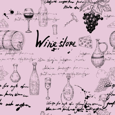 Vector Seamless pattern Wine grape branche, bottles, glasses, unreadable text, wooden barrel, chees, corkscrew. Doodle sketch hand drawing. Vector illustartion isolated retroのイラスト素材