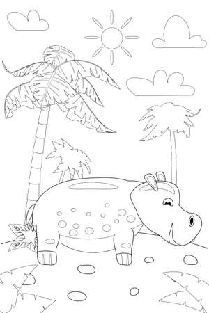 Jungle, Africa safari animal Hippo coloring book edicational illustration for children. Vector white black cartoon outline illustrationのイラスト素材