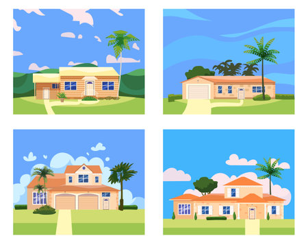 Collection Residential Home Buildings in landscape tropic trees, palms. House exterior facades front view architecture family cottages houses or mansions apartments, villa. Suburban propertyのイラスト素材