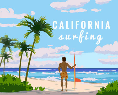 California surfing. Tropical beach summer resort, seashore sand, palms, waves. Surfer van with surfboard. Ocean, sea exotical beach landscape, clouds, nature. Vector illustrationのイラスト素材