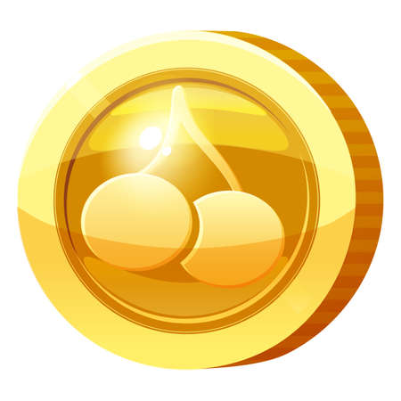 Gold Medal Coin Cherry symbol. Golden token for games, user interface asset element. Vector illustrationのイラスト素材