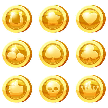 Set of Golden Coins for game apps. Gold icons star, heart, card suits, crown, cherry, symbols game UI, gaming gambling. Vector illustrationのイラスト素材