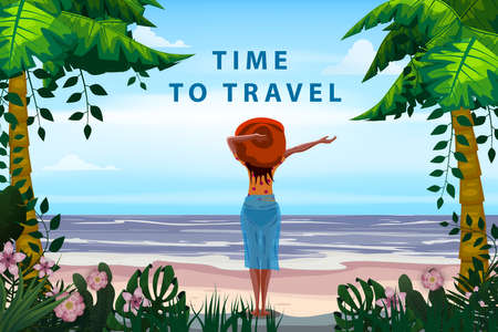 Woman on seaside resort in beachwear red hat enjoing rest. Time to travel vacation tropical palms exotic flora, sea, ocean. Vector illustrationの写真素材