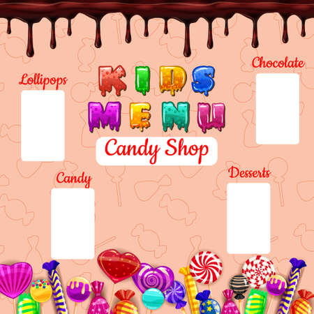Kids Menu, Candy Shop, sweet different bonbon, lollipops,chocolate, jelly. Template menu for caffe, cafeteris, vector illustration, cartoon styleのイラスト素材