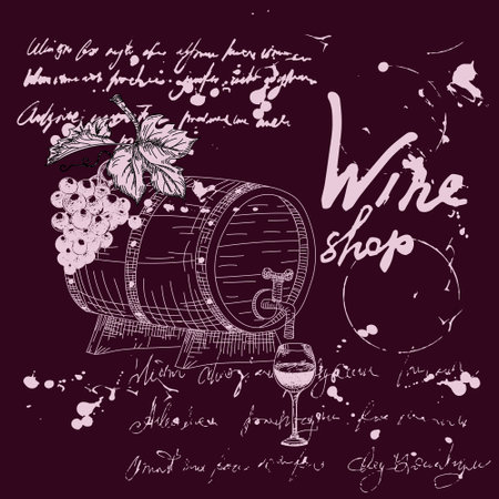 Wine shop products and vineyard hand drawn scetch. Grapes, wooden barrel, glass, corkscrew vintage style unreadable text. Vector illustration black backgroundのイラスト素材