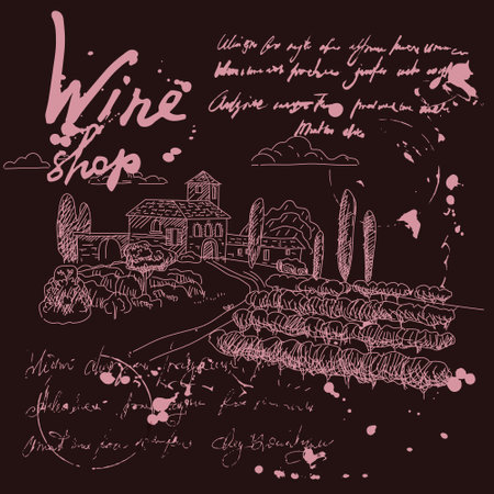 Collection Wine shop products and vineyard hand drawn scetch, grapes vintage style unreadable text. Vector illustration black backgroundのイラスト素材