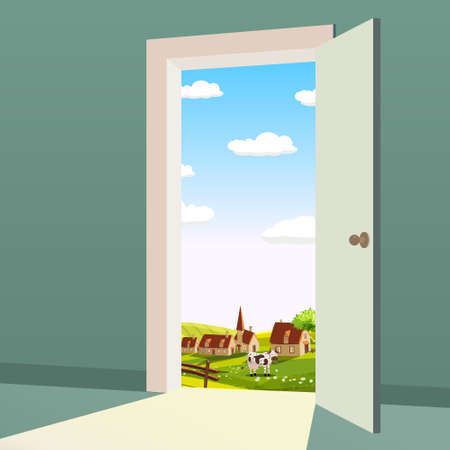 Open Door to nature way. Landscape rural farm valley symbol freedom, new way exit, discovery, opportunities. Motivation concept to real world. Vector illustration cartoon style poster bannerのイラスト素材
