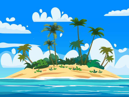 Tropical Exotic Island, plants, palms, jungle, sea, ocean, clouds. Summer vacation resort. Vector Illustrationのイラスト素材