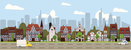 City landscape seamless horizontal illustration. Cityscape skyscrappers, suburban houses, downtown. Vector cartoon styleのイラスト素材