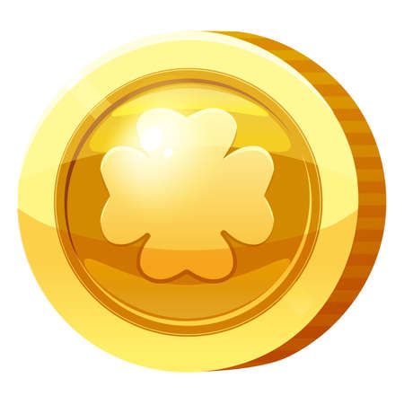 Gold Medal Coin Clover Leaf symbol. Golden token for games, user interface asset element. Vector illustrationのイラスト素材