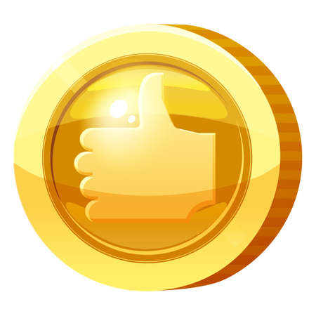 Gold Medal Coin Thumbs Up Like symbol. Golden token for games, user interface asset element. Vector illustrationのイラスト素材
