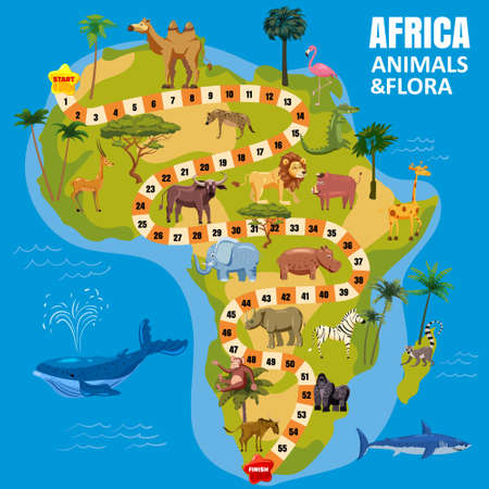 Africa continent map board game with set tropical animals, jungle flora for kids. Vector cartoon illustrationのイラスト素材