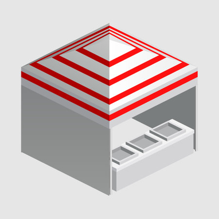 Isometric market stall, tent. Street awning canopy kiosk, counter, white red strings for fair, street food, market, grocery goods. Vector isolatedのイラスト素材