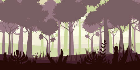 Jungle Tropical Forest landscape horizontal seamless background for games apps, design. Nature leaves, woods, trees, bushes, flora, vectorのイラスト素材