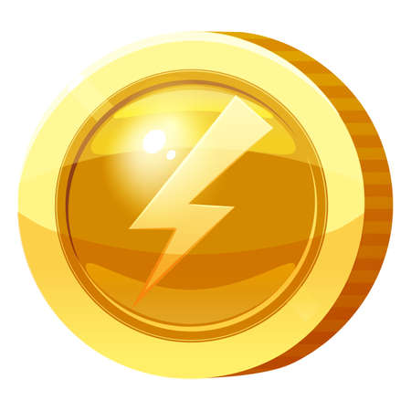 Gold Medal Coin Bolt Lightning symbol. Golden token for games, user interface asset element. Vector illustrationのイラスト素材