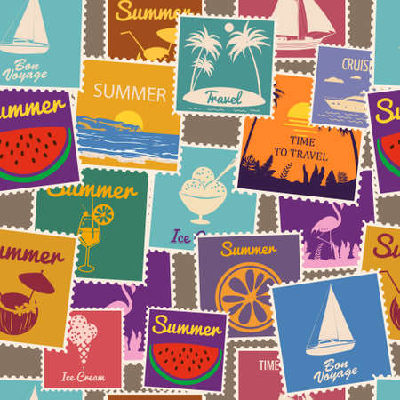 Postage stamps seamless pattern Summer vacation. Retro background signs travel exotic tour. Vector illustration background vintage styleのイラスト素材
