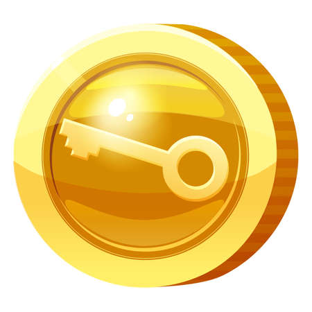 Gold Medal Coin Key symbol. Golden token for games, user interface asset element. Vector illustrationのイラスト素材