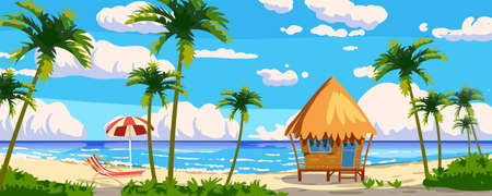 Tropical resort wooden Bungalow for rest, vacation. Modern architecture with exotic palms, sea, ocean, island, beach coastline. Seaview summer landscape. Vector illustration cartoon styleのイラスト素材