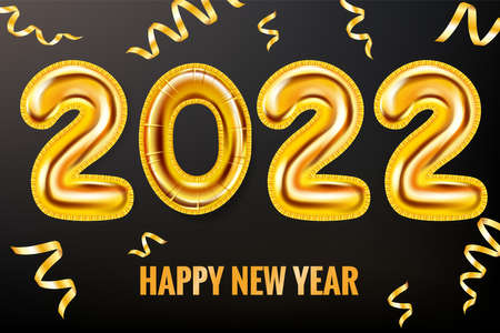 2022 Happy New Year Gold balloons. Gold foil numerals with confetti, ribbons, poster, banner. Vector realistic 3D illustrationのイラスト素材