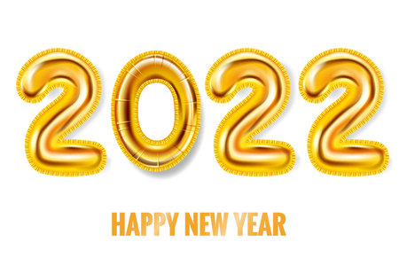 2022 Happy New Year Gold balloons. Gold foil numerals, poster, banner. Vector realistic 3D illustrationのイラスト素材
