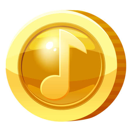 Gold Medal Coin Music Note symbol. Golden token for games, user interface asset element. Vector illustrationのイラスト素材
