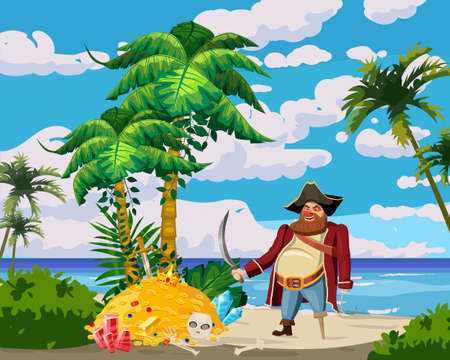 Tropical Island, Pirate with saber, treasure gold pile, tropical, palms, floral, plants. Sea landscape coast, ocean, beach, sand, adventure, game. Vector illustrationのイラスト素材