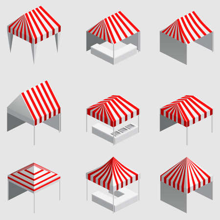 Set Isometric market stall, tent. Street awning canopy kiosk, counter, white red strings for fair, street food, market, grocery goods. Vector isolatedのイラスト素材