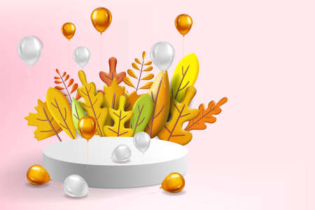 Autumn leaves 3D yellow, red, brown, orange colors. Fall bouquet, pedestal, stage, podium, foil balloons gold, white. Minimal 3d render plasticine, vector illustration banner, posterのイラスト素材