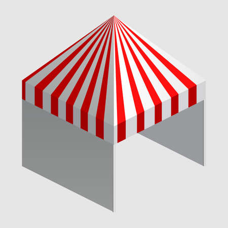 Isometric market stall, tent. Street awning canopy kiosk, counter, white red strings for fair, street food, market, grocery goods. Vector isolatedのイラスト素材