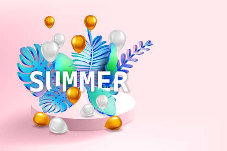 3D Tropical leaves scene podium with text Summer, balloons gold and white, botanical background. Render vector foliag,e pedestal, stage illustration templateのイラスト素材