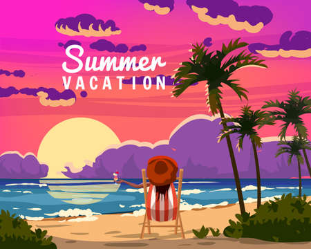 Summer Vacation Woman lying on deck chair with cocktail in hand, resort tropical coast. Exotic sea ocean sunset shore sand, palms. Vector illustration retro vintage posterのイラスト素材
