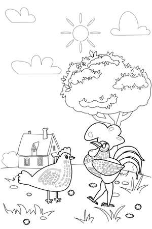 Cute rooster and chicken farm animals coloring book educational illustration for children, rural landscape colouring page. Vector black white outline cartoon charactersのイラスト素材