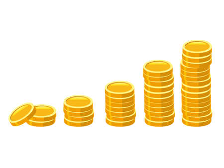 Gold Coins stack. Piles of golden money icon stacked in stacks like income graph financial currencies stocks. Vector cartoon style illustrationのイラスト素材