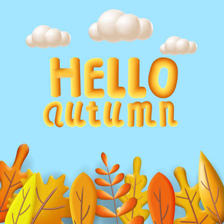Hello Autumn leaves 3D yellow, red, brown, orange colors. Fall bouquet, white cloud. Minimal 3d render plasticine, vector illustration banner, posterの写真素材