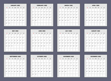 Calendar Planner for 2022, set 12 month. Monthly template for diary business. Week Starts Sunday, vectorのイラスト素材