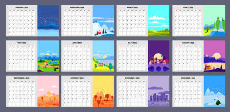 2022 Calendar Planner minimalistic landscape natural backgrounds of four seasons. Winter, Spring, Summer, Autumn. Monthly template for diary business. Week Starts Sunday. Vector isolatedのイラスト素材